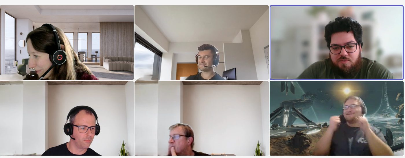 Sechs Teilnehmende in einer FlightRoom-Session per Videokonferenz, die meisten mit Headset.