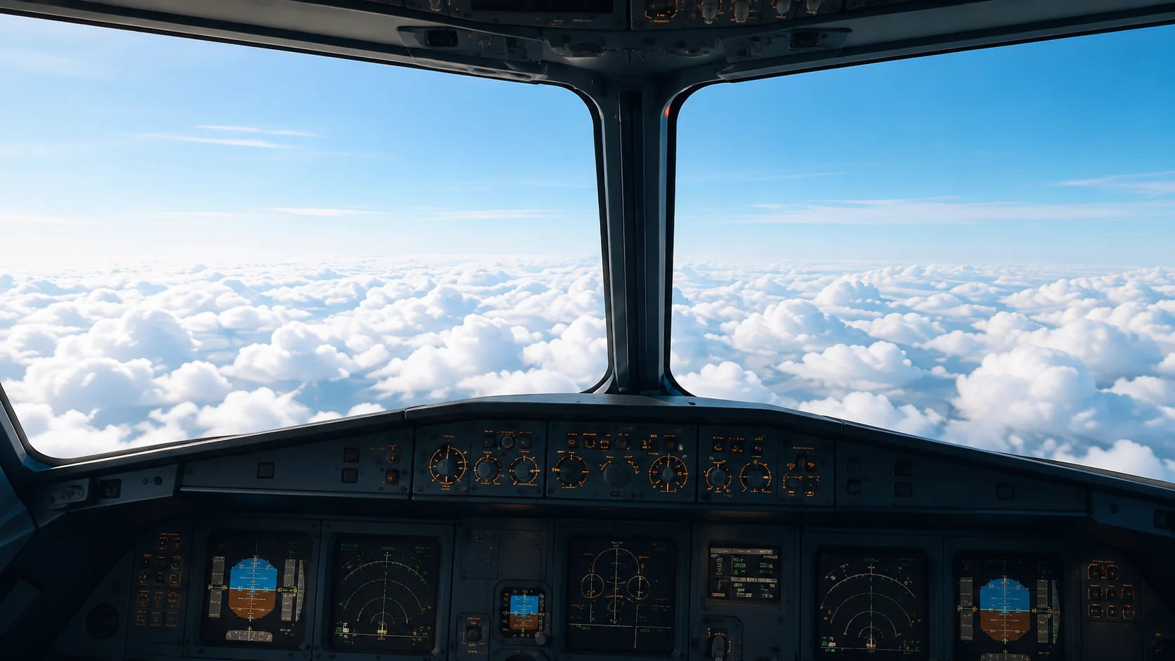 Blick aus dem Cockpit über einem Wolkenmeer